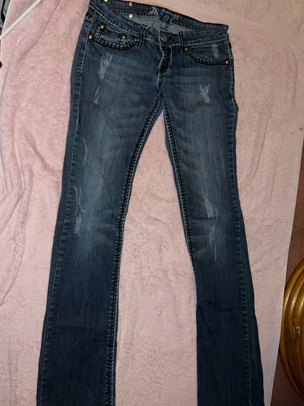 Antique Rivet Women's Straight Leg low rise Jeans in Dark Gray Stud Accents